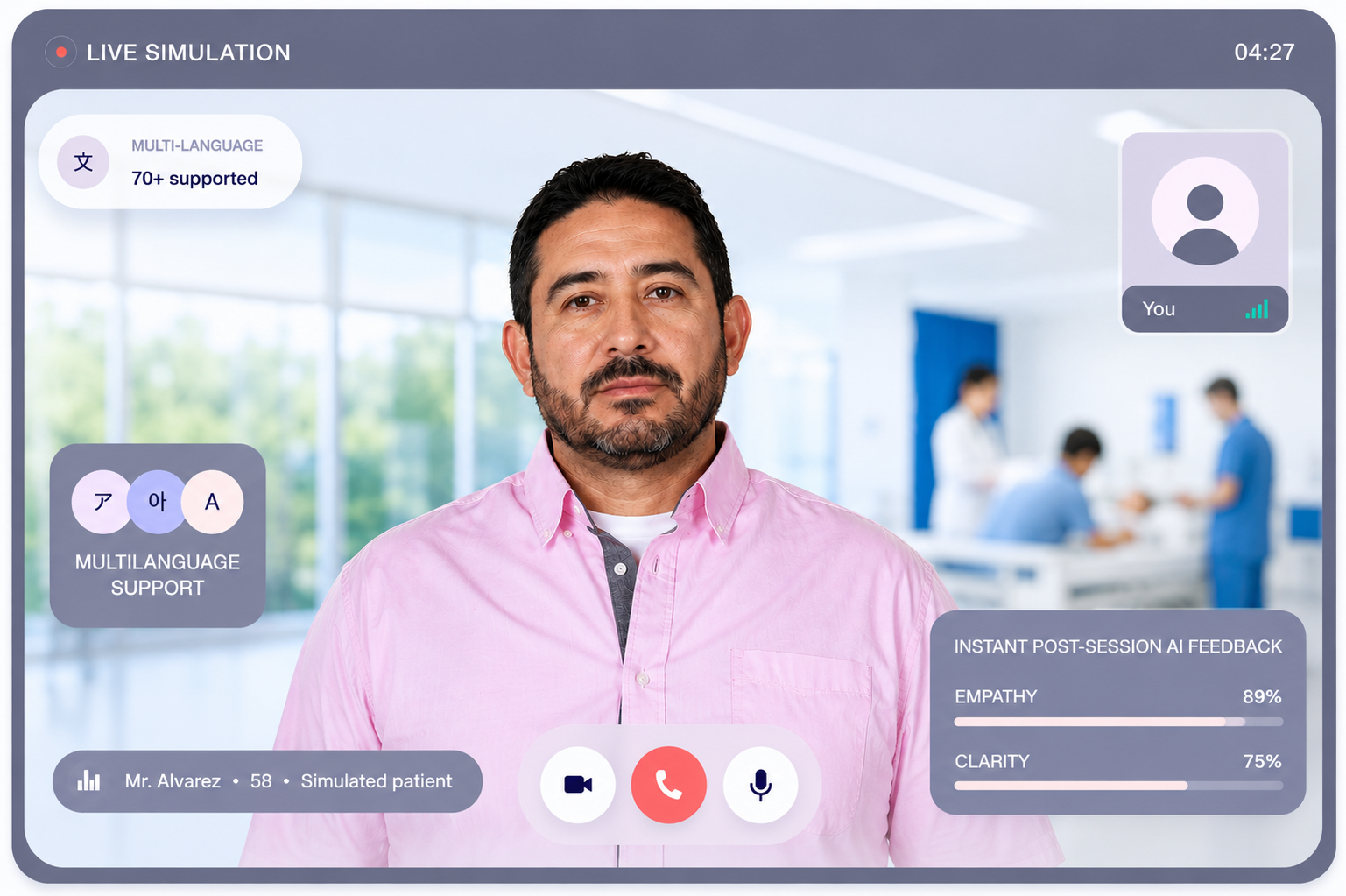 Mr. Alvarez · 58 · simulated patient on a SimHealth video consultation
