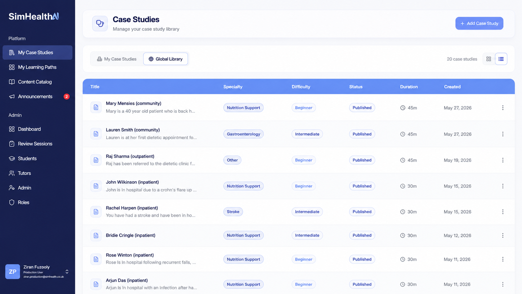 Case library — browse case studies by speciality, difficulty, and status