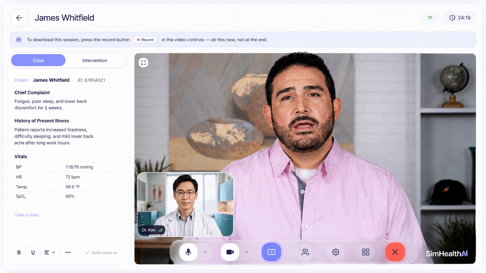 SimHealth session view — live simulated patient consultation with case context, vitals, and clinical notes